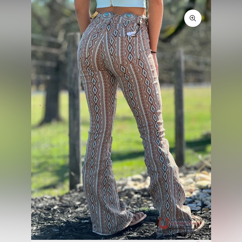 Rock & Roll-brown & teal Aztec print flare jeans - Picture 2 of 5